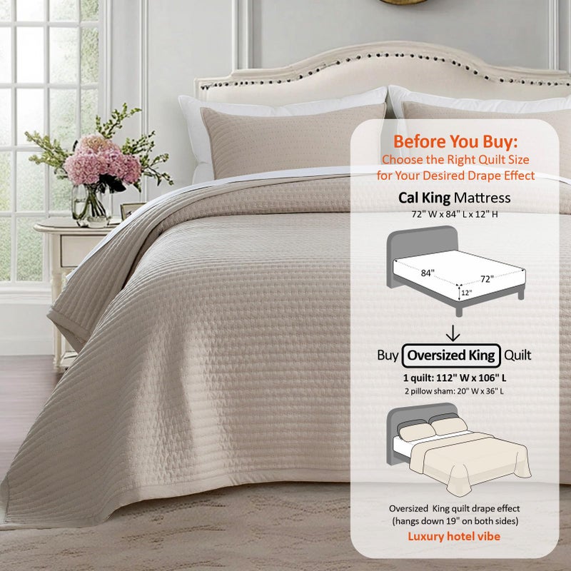 KASENTEX Oversized King Quilt Set 112"x106" â€“ Soft Washed 3-Layer Lightweight California King Bedspread, Minimalist Nordic Design, All-Season Spring & Summer Quilt Set (1 Quilt + 2 Pillow Shams),Light Taupe - Image 3